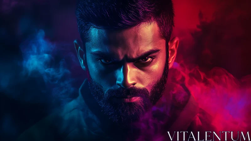Intense bearded portrait under neon red blue smoke lighting.