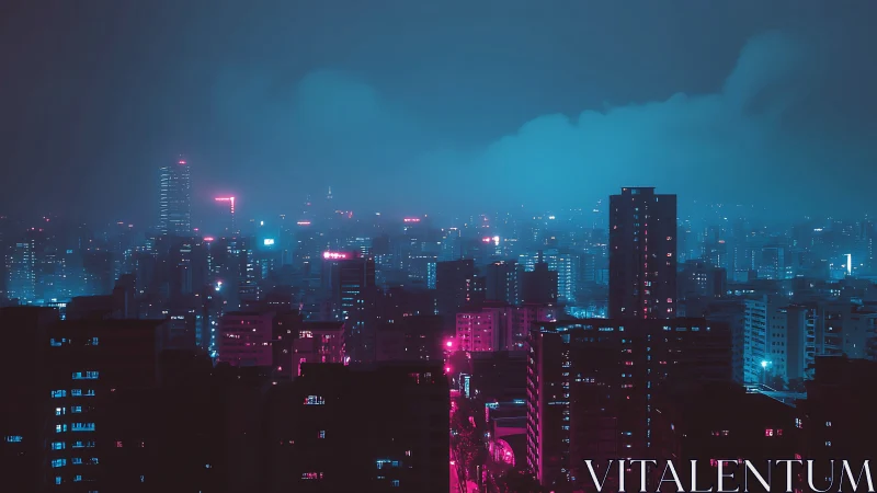 Neon mist over the quiet city skyline at midnight.