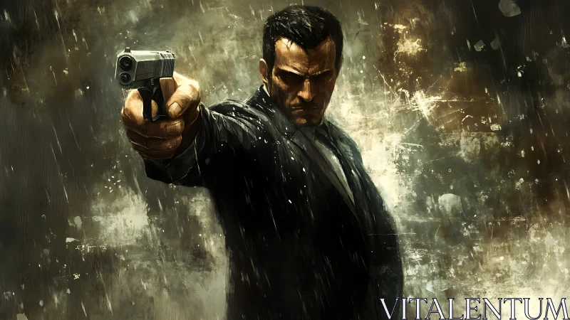 Stoic gunman in rain aiming pistol toward viewer.