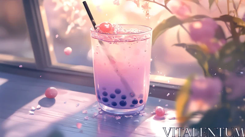 Iced bubble tea glass near window with soft lighting.