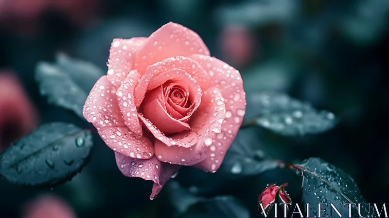 Pink rose macro with raindrops on petals and leaves.