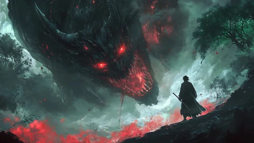 Swordsman confronts massive demonic dragon in burning mist
