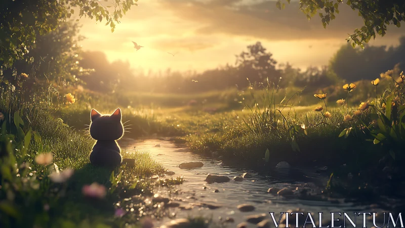 Backlit stylized cat observes sunlit stream in soft-focus meadow