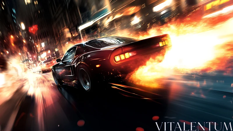 Turbocharged black sports coupe drifting through neon city flames