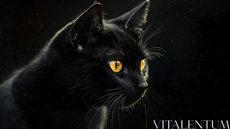 Black cat with golden eyes positioned in profile against dark background