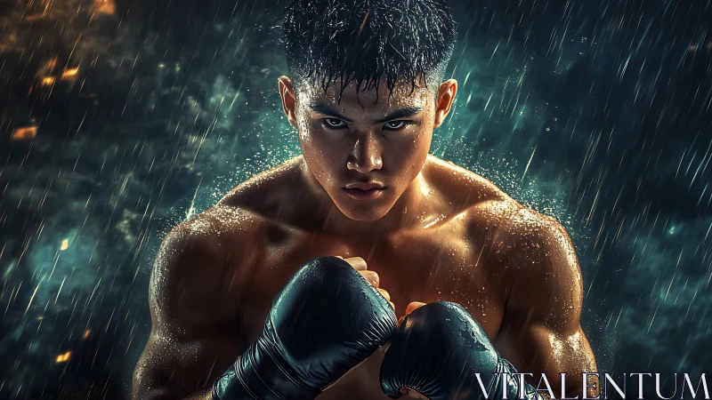 Muscular athlete with boxing gloves in rain under dramatic atmospheric lighting