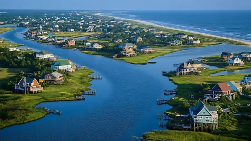 Aerial coastal lagoon community with elevated shoreline homes.