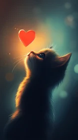 Cat gazes upward, glowing heart illuminates love's essence.