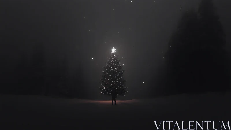 Solitary lit Christmas tree glowing through winter fog.