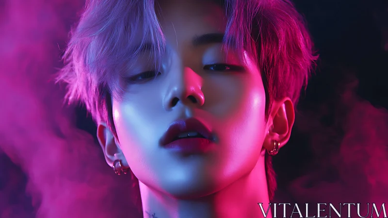 Neon-lit gaze crowned in violet smoke and electric allure.