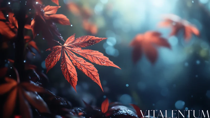 Scarlet maple leaf glows softly against cool forest bokeh.