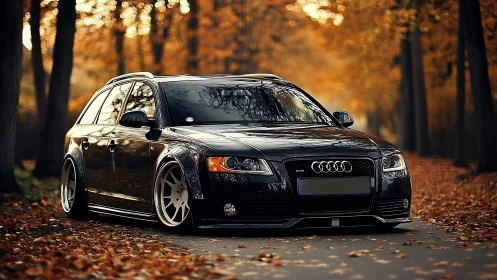 Sleek black Audi wagon glides through a warm autumn forest road