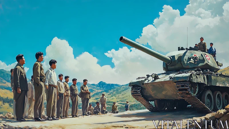 Military inspection beside heavy tank under bright sky.