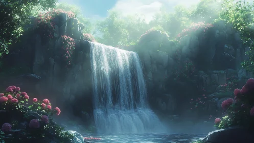 Sunlit waterfall cascades through a tranquil hidden garden
