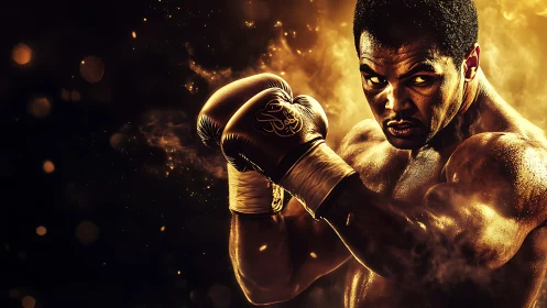 Boxer in golden lighting with raised gloved fist stance