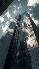 Glass skyscraper reflects drifting clouds in dramatic low angle