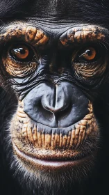 Close chimpanzee facial portrait with detailed skin texture.