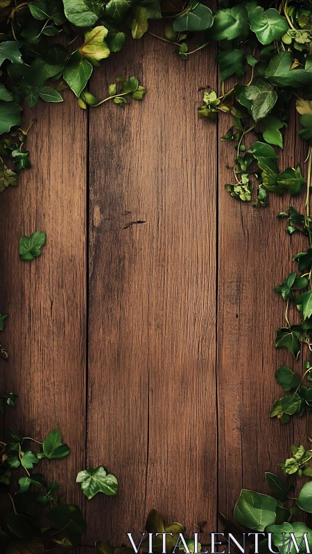 Rustic wooden backdrop framed by gentle curling ivy.