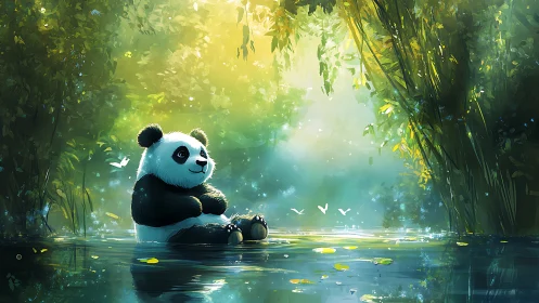 Luminescent bamboo lagoon with contemplative panda subject.