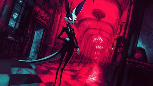 Elegant fox guardian stands poised in a glowing red hall