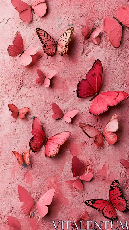 Soft pink butterflies drift gently across a textured wall