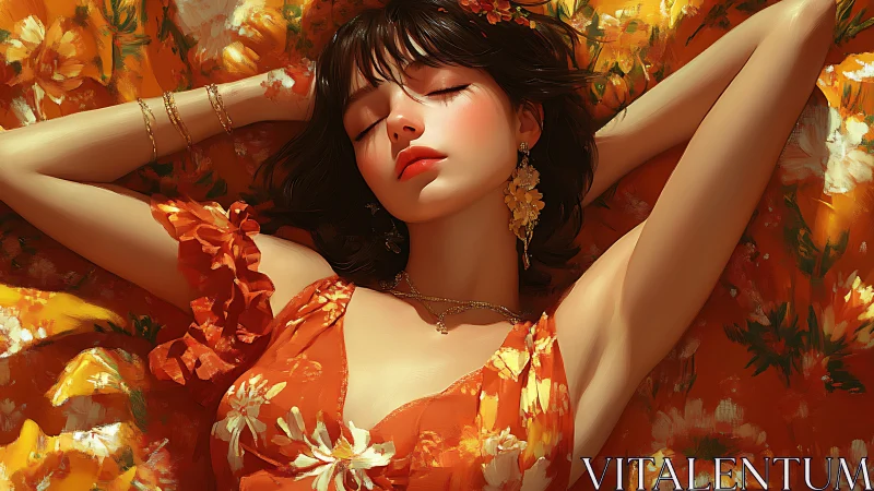 Sunlit woman resting on floral orange fabric in repose.