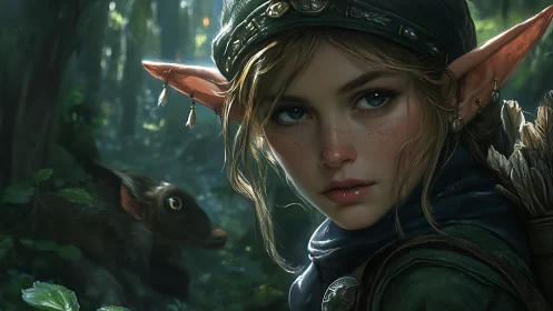 Forest elf archer gazes calmly through dappled forest light