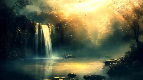 Golden mist drifts around a tranquil forest waterfall