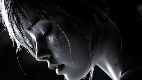 Melancholic profile portrait rests in dramatic monochrome light
