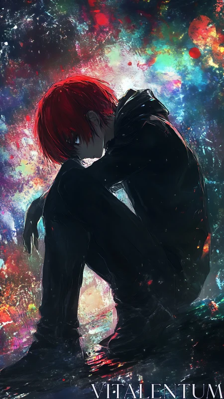 Quiet red haired dreamer resting in a storm of color.