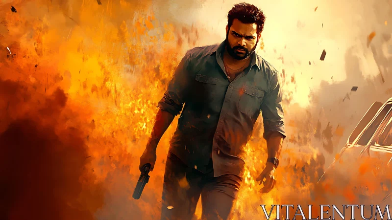 Action hero strides through fireball with dynamic motion blur