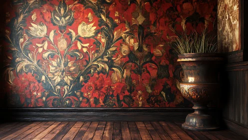 Textured baroque damask wall with patinated urn planter interior.
