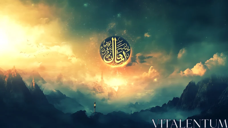 Celestial calligraphy orbits dawnlit mountains in mist