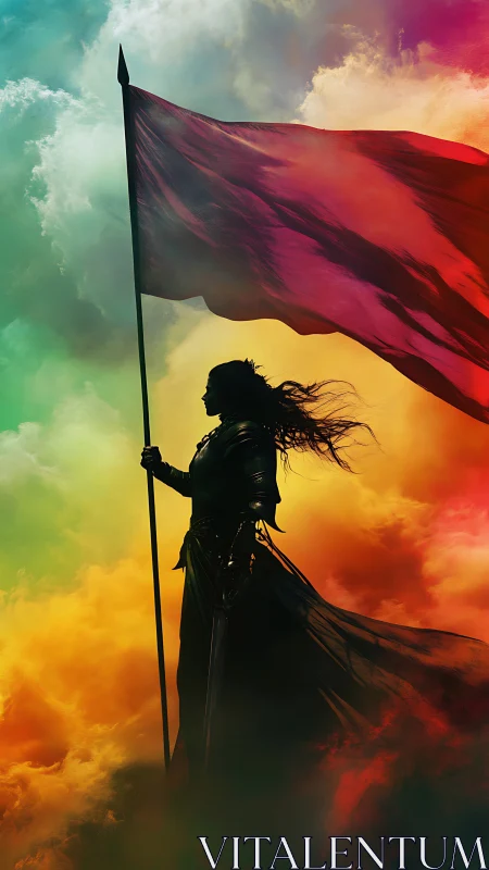 Silhouetted armored figure holds a large flag amid clouds