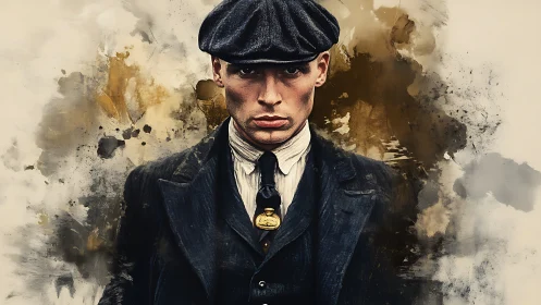 Stoic man in flat cap against abstract painted background.