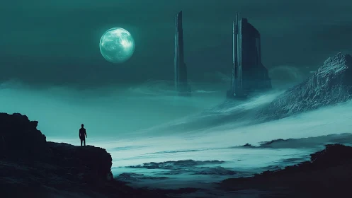 Lone wanderer beneath jade moon and cryptic towers.