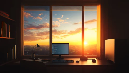 Sunset-lit programmer’s desk overlooks glowing city skyline.