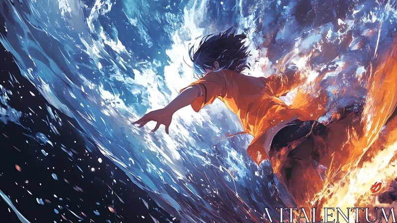 Youthful hero dives through stormy waves in blazing resolve