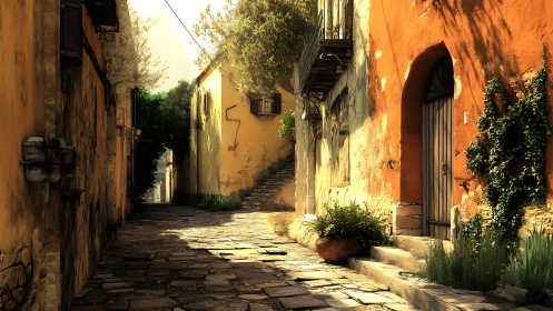 Sunlit stone alley with warm ochre walls and foliage.