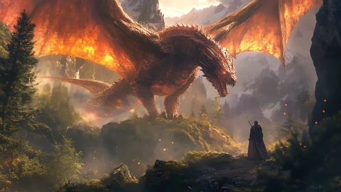 Fiery mountain dragon greets a lone wanderer at dawn