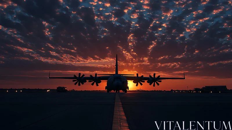 Sunset-lit cargo plane rests calmly on a glowing runway