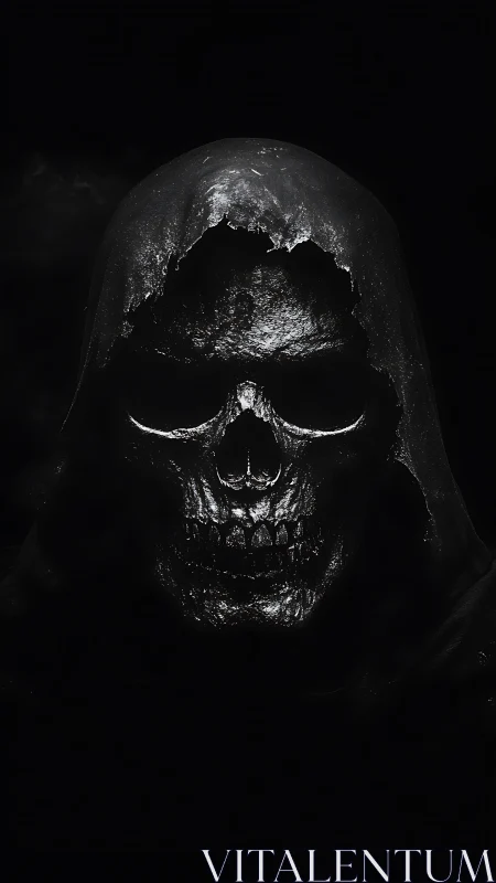 Shrouded skeletal reaper emerges from deep black void.