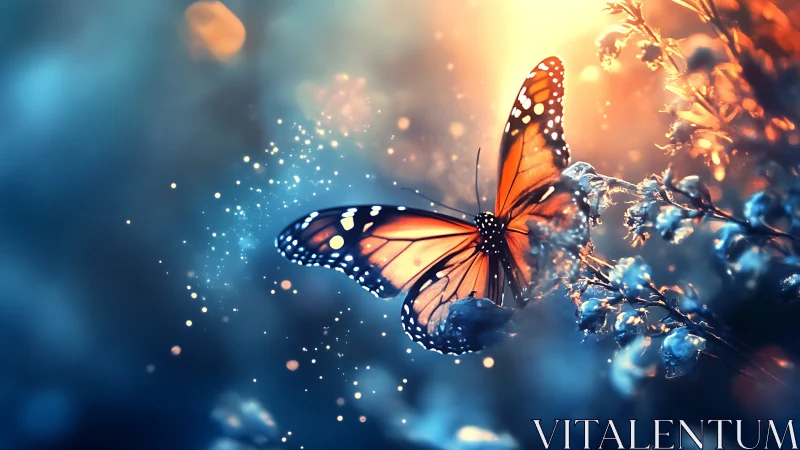 Monarch butterfly in bokeh-saturated bioluminescent dusk field.