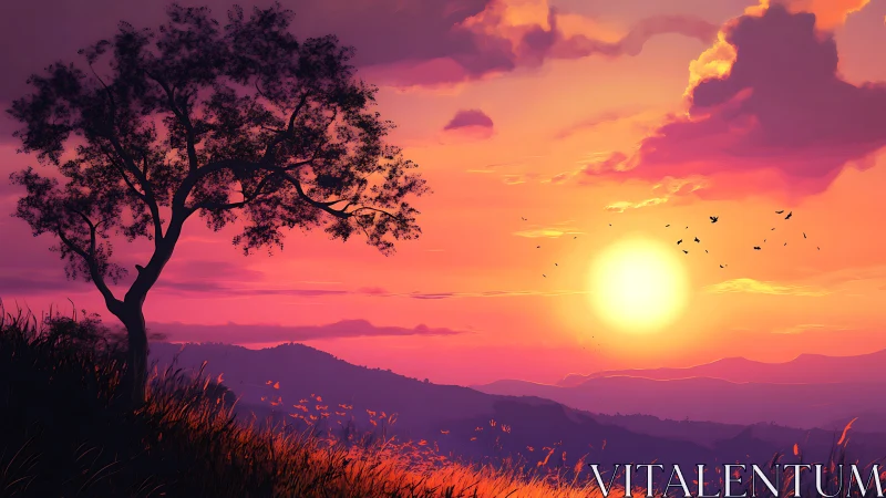 Backlit hillside tree silhouettes against high-saturation sunset sky