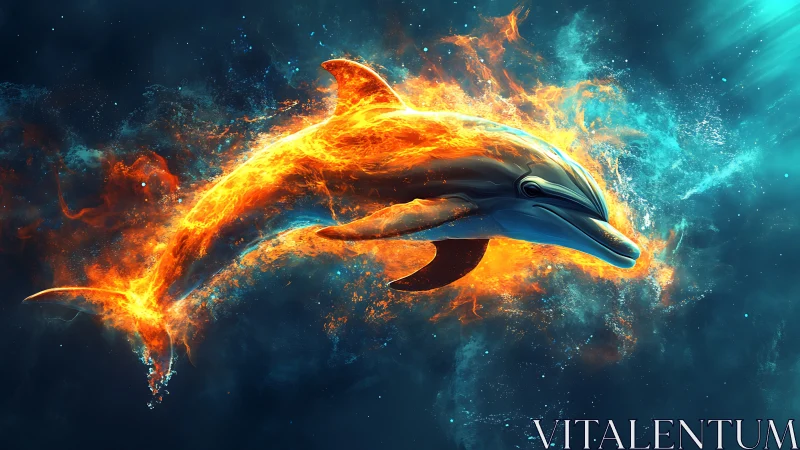 Fiery dolphin arcs through luminous teal cosmic ocean.