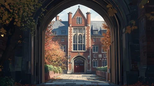 Stone archway quietly frames an autumnlit college courtyard