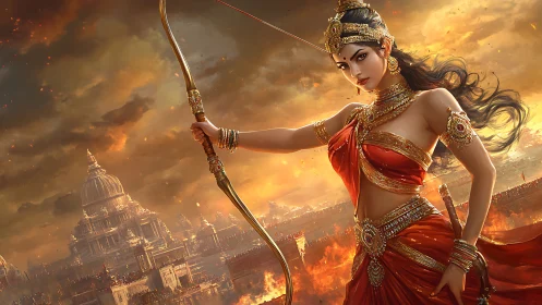 Warrior goddess draws bow against burning golden city