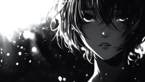 Monochrome anime portrait captures luminous sorrowful gaze.