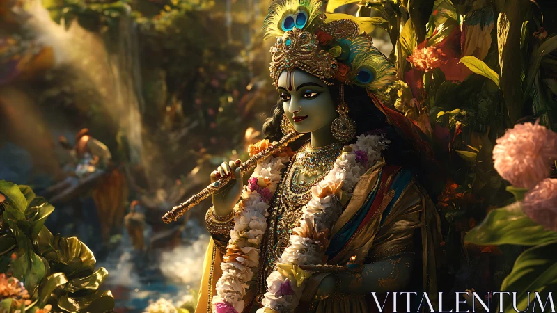 Divine flute player in luminous tropical forest garden