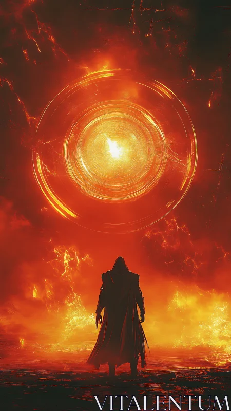 Lone warlock confronts a blazing celestial inferno portal.